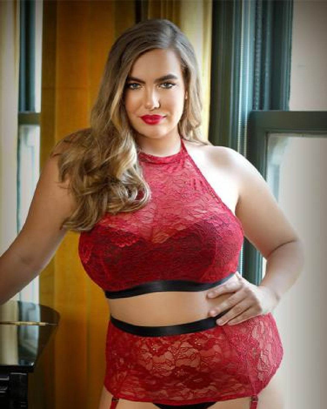 Aria HalterModel wearing red Lace Bra Top and High Waist Panty 3x/4x