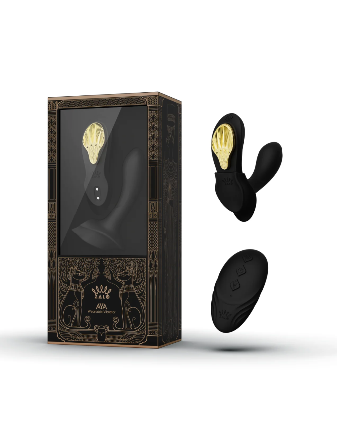 Zalo Aya Bluetooth G-Spot Wearable Panty Vibrator - Black next to black product box