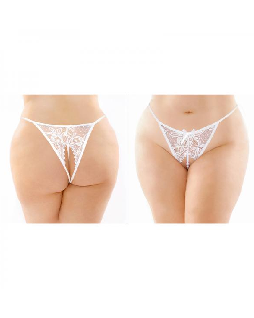 Calla Crotchless White Lace Pearl Panty - Queen Size front and back view