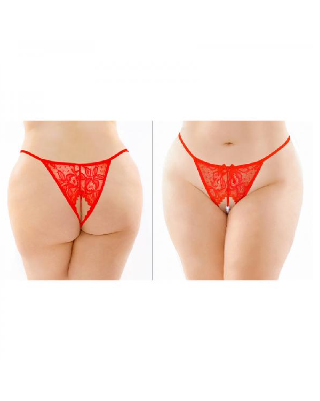 Call crotchless panties in red on model. front and back view