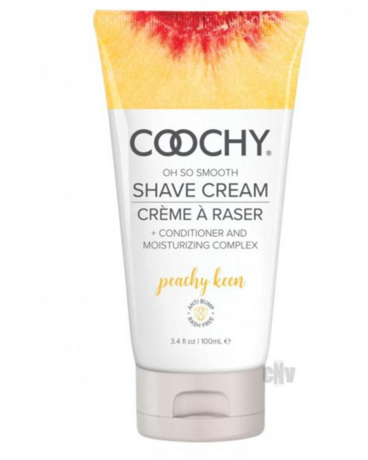 A tube of Coochy Oh So Smooth Shave Cream - Peachy Keen by Classic Brands, with the caption "oh so smooth" in Georgia peaches scent, featuring a combination of conditioner and moisturizing complex designed for sensitive skin.