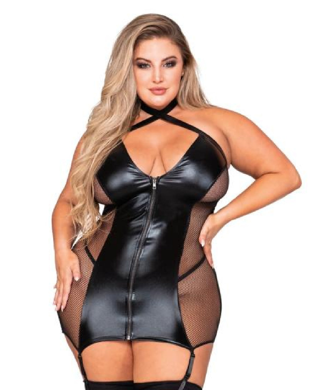 Model close up wearing Dreamgirl Black Faux Leather and Fishnet Garter Slip Queen One Size