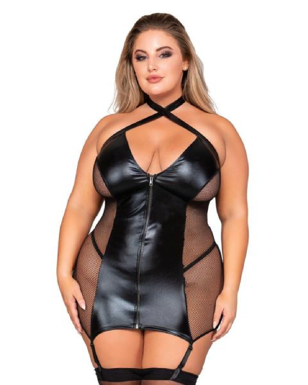 Model wearing Dreamgirl Black Faux Leather and Fishnet Garter Slip Queen One Size