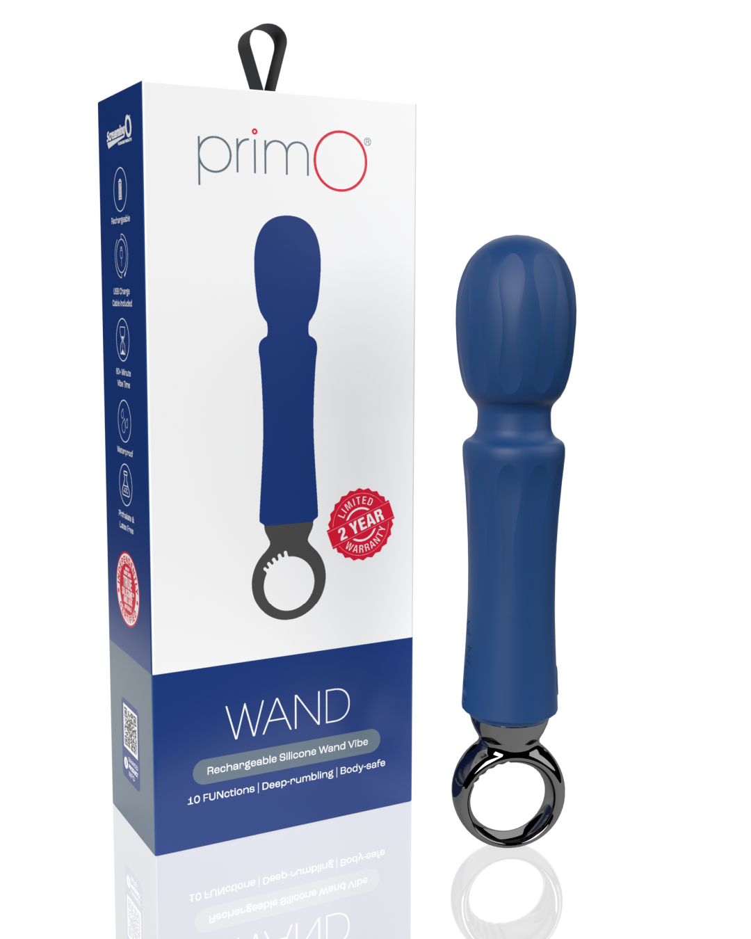 Screaming O Primo Wand Vibrator with Finger Loop next to product box