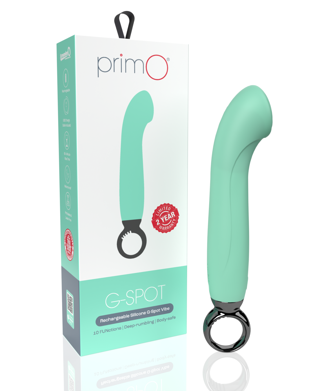 Screaming O Primo G-Spot Vibrator with Finger Loop next to product box