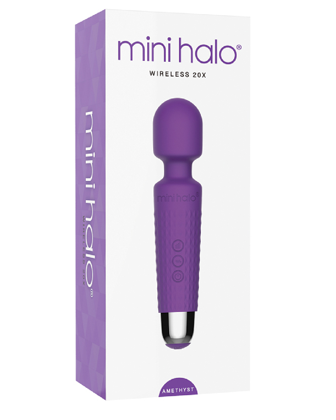 Mini Halo Extra Powerful Wand Vibrator - Purple white and purple product box