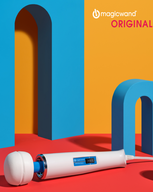 Magic Wand Original Wand Vibrator (The Hitachi Magic Wand) on orange and blue background