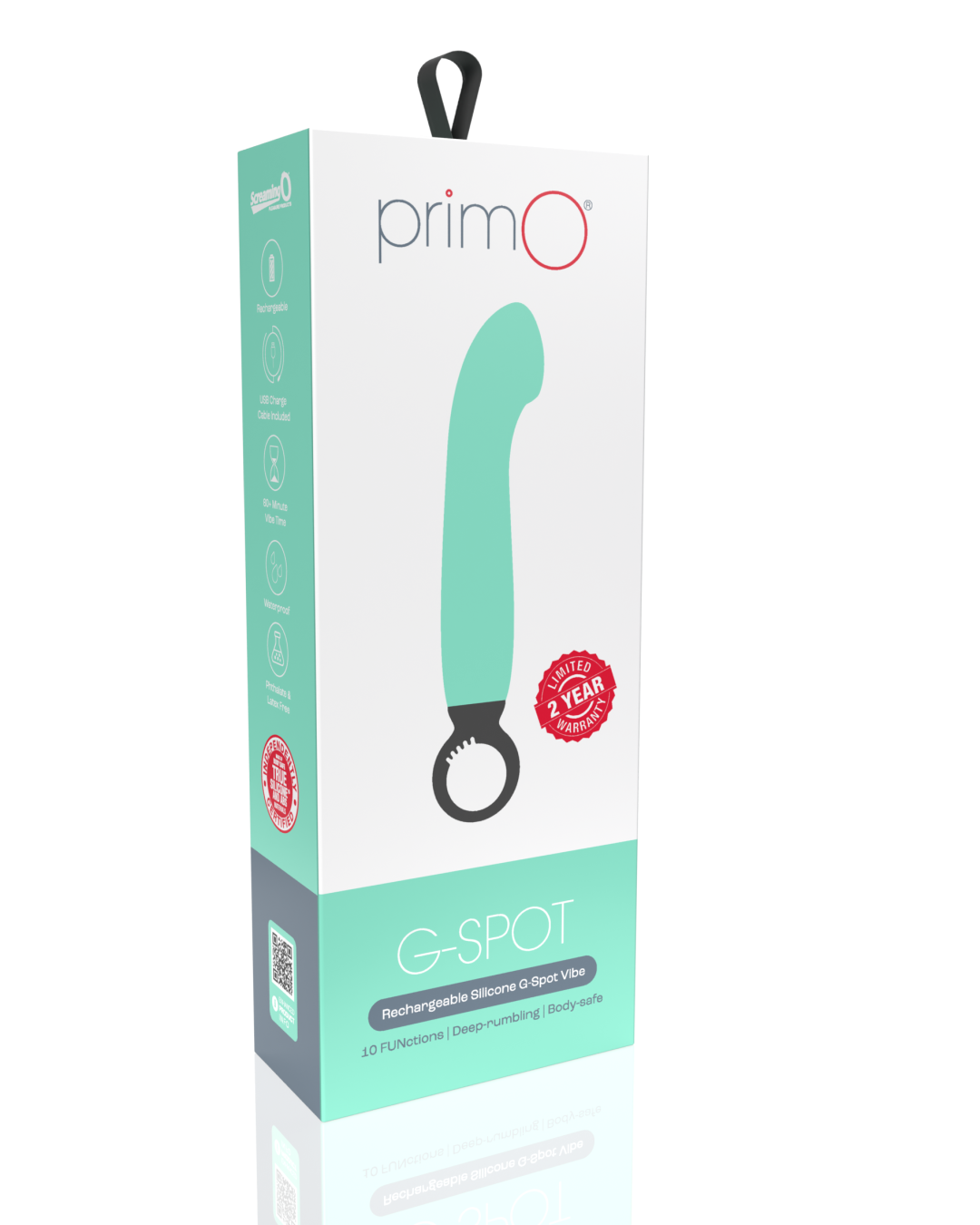 Screaming O Primo G-Spot Vibrator with Finger Loop product box in white and green