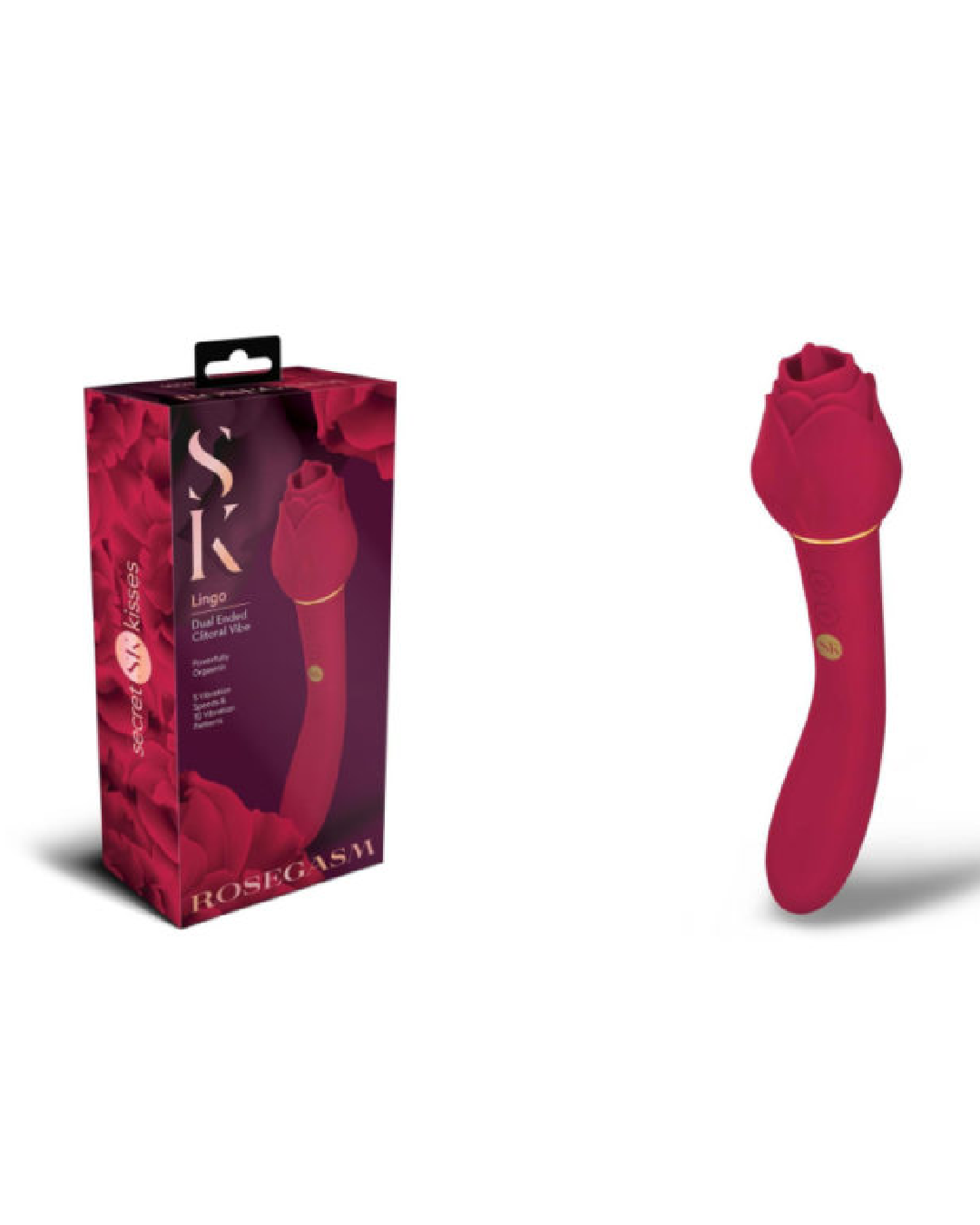 Rosegasm Lingo Double Ended Licking Tongue Vibrator next to box