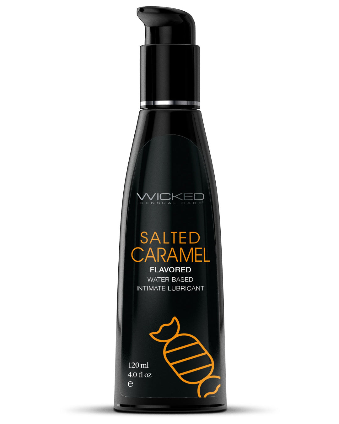 Wicked Aqua Salted Caramel Flavored Water Based Lubricant 2 oz BLACK BOTTLE ORANGE WRITING