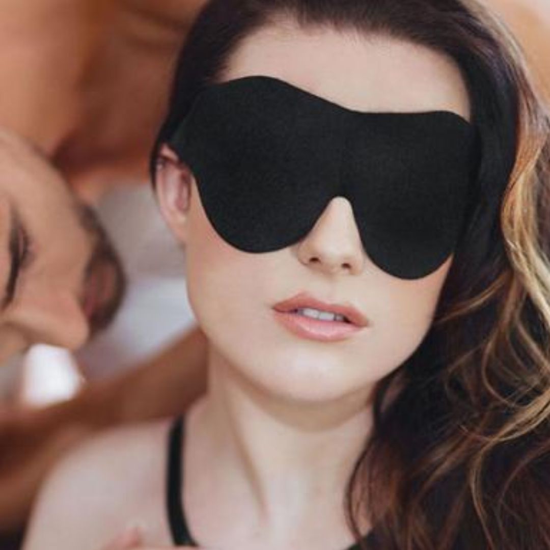 Soft Black Blindfold by Sportsheets on model