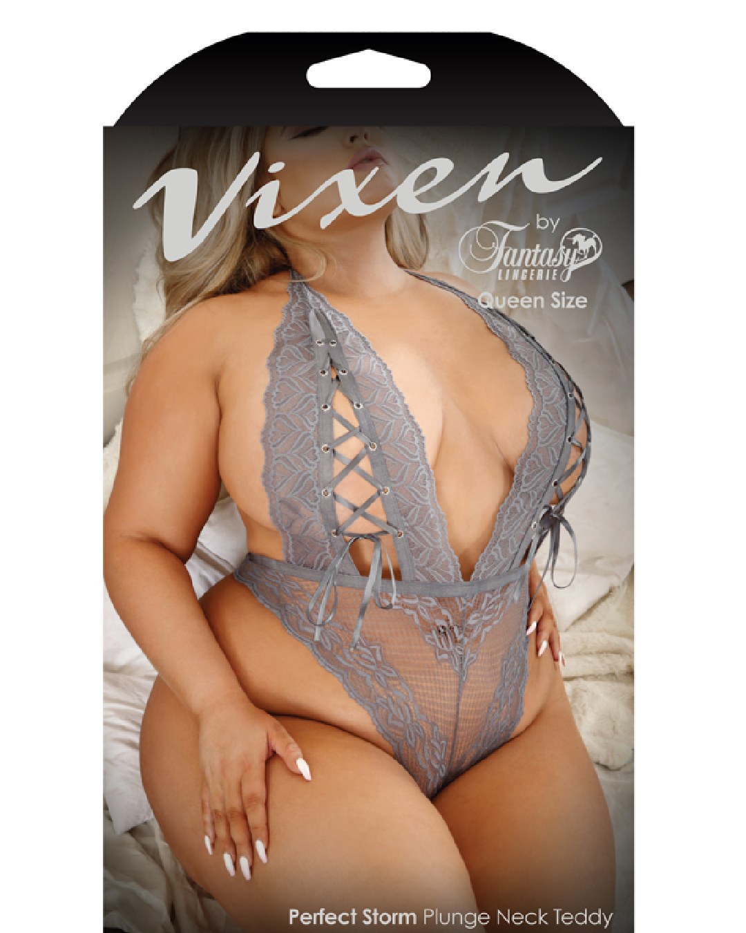 Perfect Storm Lace Plunge Teddy With Lace-up Detail Gray Queen Size package