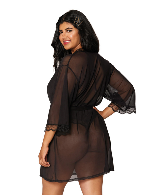 Dreamgirl Black Mesh Robe & Strappy Back Teddy With Lace Trim XL - 3x