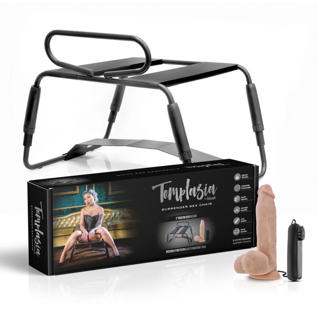 The image features the "blush" brand's Surrender Sex Chair with 8 Inch Vibrating Dildo with an adjustable lifting system, showcased on top of its box packaging. Next to the chair and box, there is a beige vibrating dildo with an attached remote control. The packaging displays an image of a person sitting on the chair.