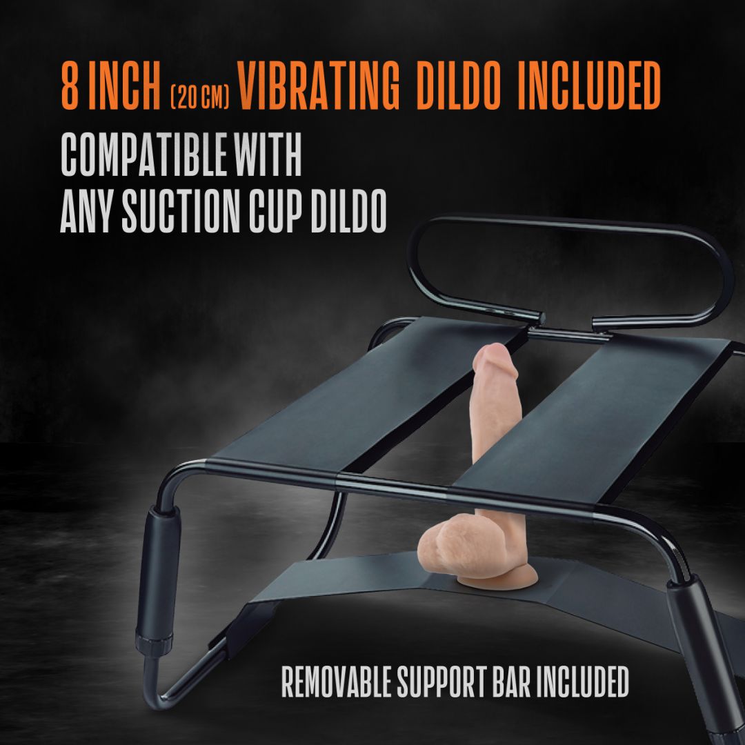 A black rectangular sex machine with a dildo attached. The text on the image reads, "8 inch (20 cm) vibrating dildo included," "compatible with any suction cup dildo," and "removable support bar included." Experience ultimate pleasure with the blush Surrender Sex Chair with 8 Inch Vibrating Dildo featuring an adjustable lifting system.