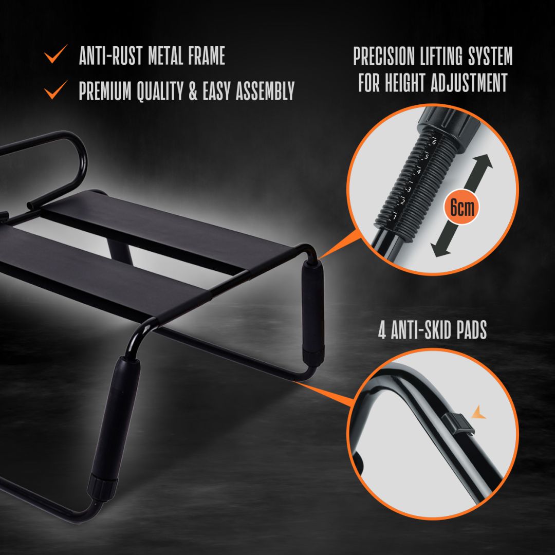 A blush Surrender Sex Chair with 8 Inch Vibrating Dildo with an anti-rust metal frame and a fabric top. Features include premium quality, easy assembly, a precision adjustable lifting system for height adjustment with a 6 cm range, and four anti-skid pads.