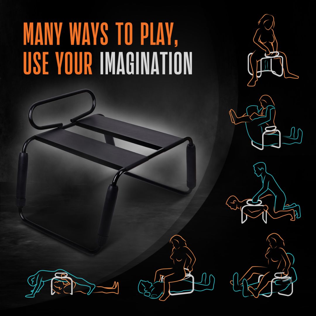 A black multifunctional stool with handles, known as the Surrender Sex Chair with 8 Inch Vibrating Dildo by blush, is shown. The main text reads, "Many ways to play, use your imagination." Illustrations on the right depict various ways couples can use the chair in different intimate positions.