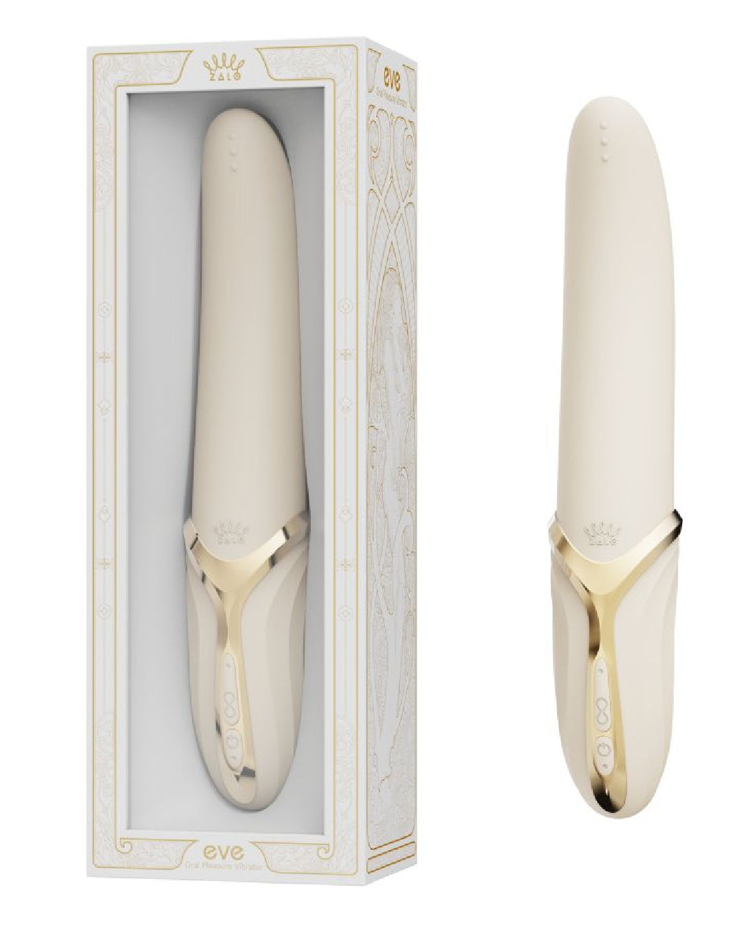 Zalo Eve Warming Tongue Vibrator - White next to box