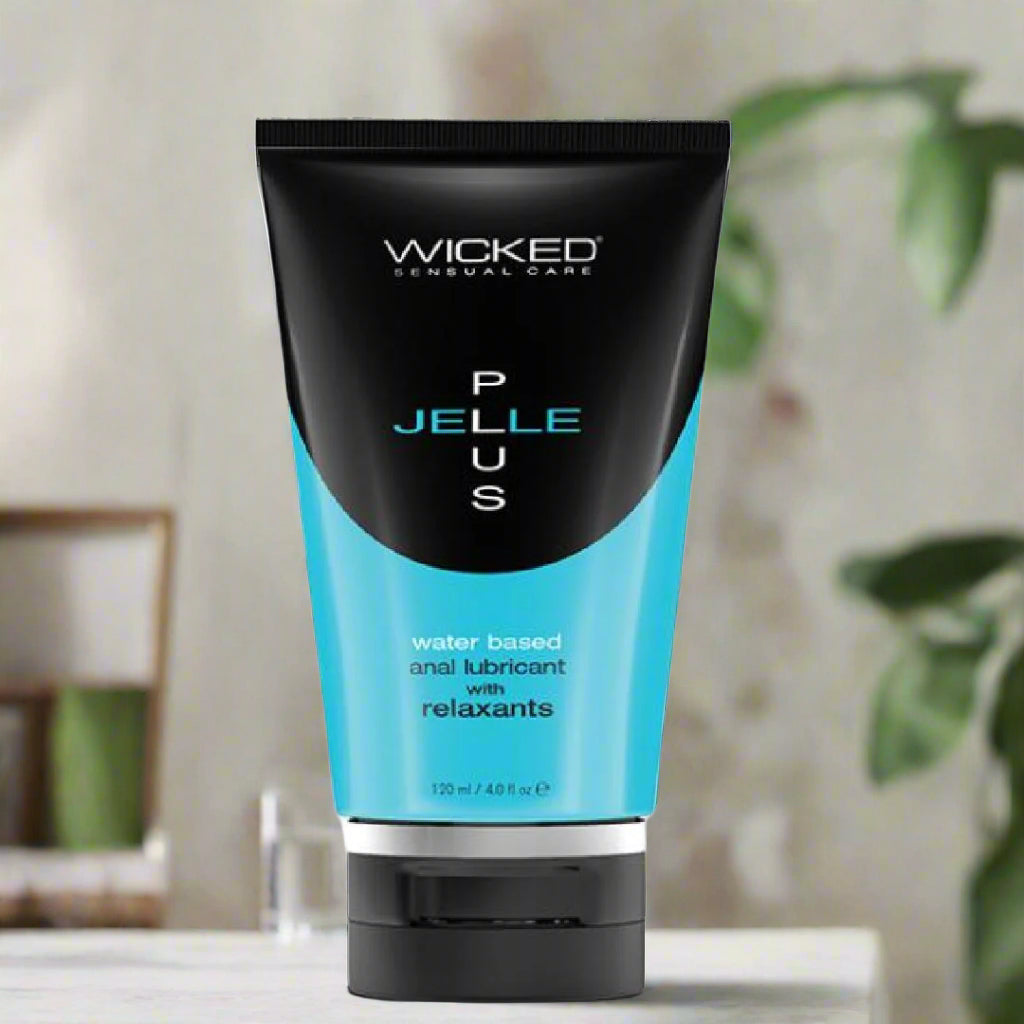 Wicked Jelle Plus Anal with Relaxant - 4oz black and teal bottle