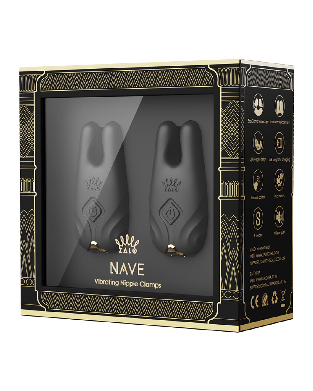 Zalo Nave Vibrating Nipple Clamp Set Black open window product box