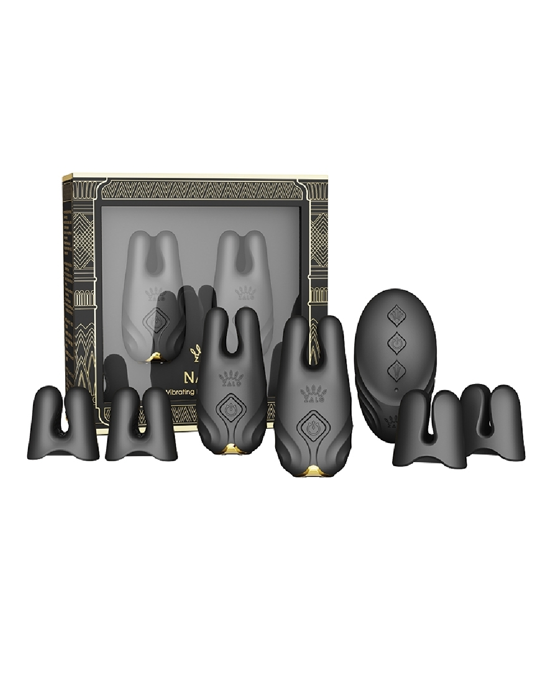 Zalo Nave Vibrating Nipple Clamp Set Black next to product box
