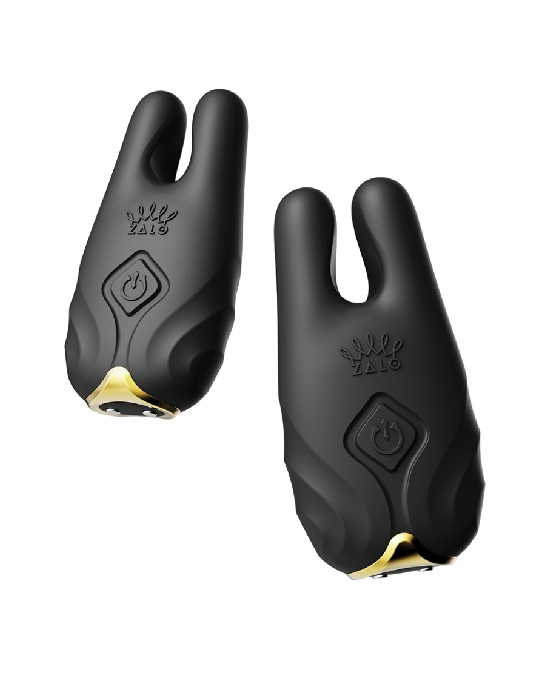 Zalo Nave Vibrating Nipple Clamp Set Black close up with gold accents