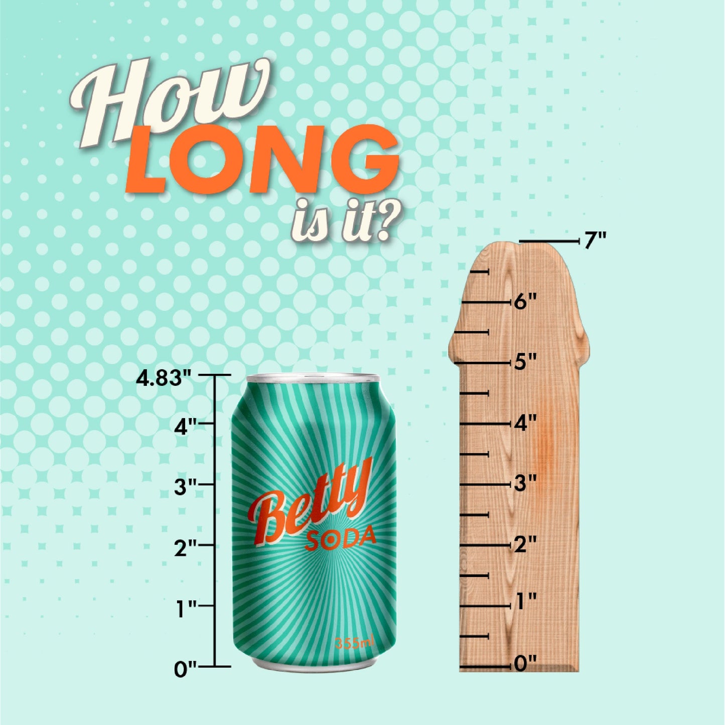 A Jealousy 7 Inch Rippled Silicone Dildo by Blush, 4.83 inches tall, stands beside a wooden object with ruler markings up to 7 inches. The aqua background features circular patterns and text that reads, "How long is it?", inviting playful curiosity akin to exploring g-spot stimulation.
