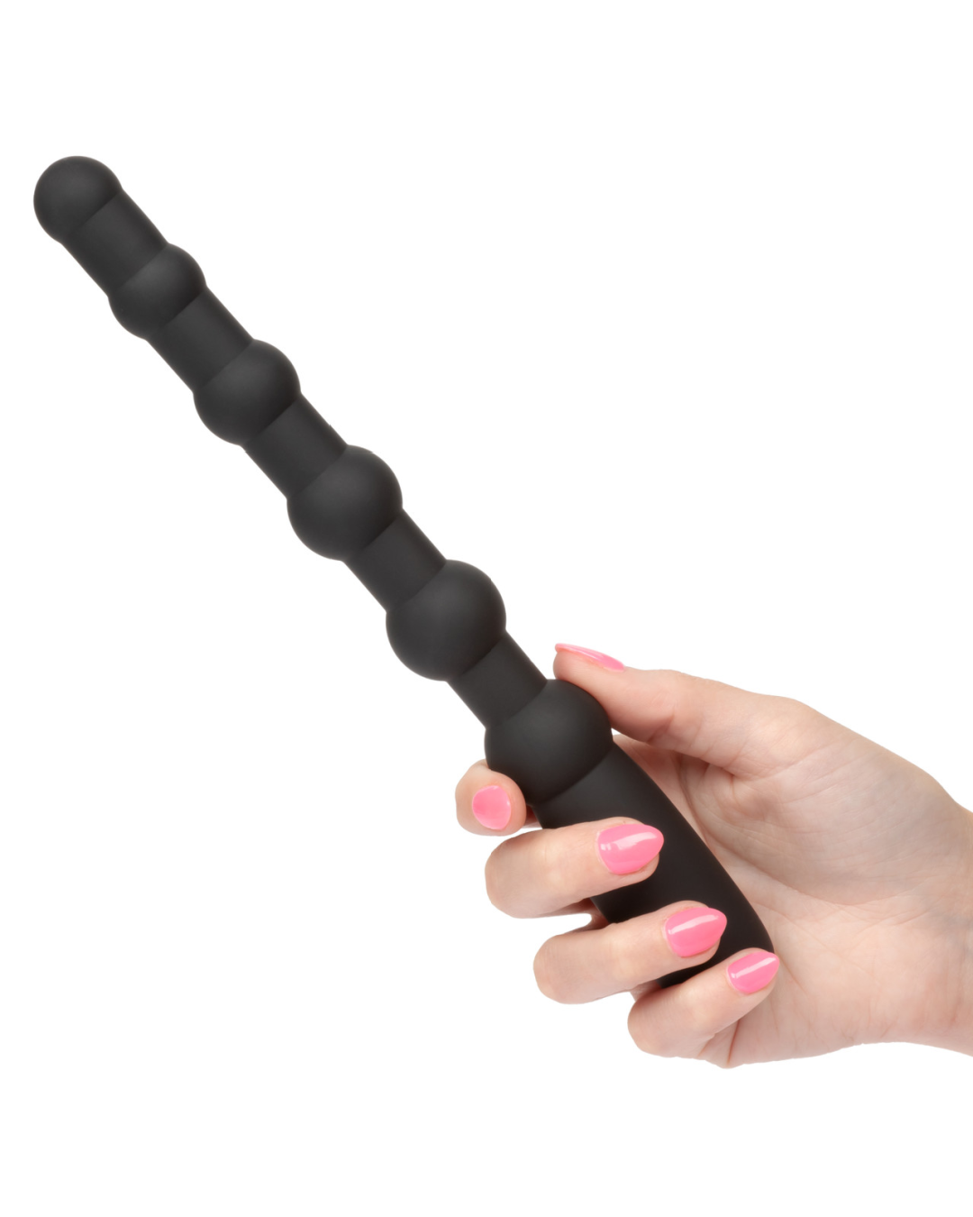 Rechargeable X-10 Powerful Black Silicone Vibrating Anal Beads in model's hand