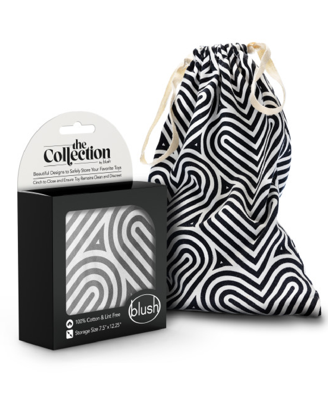 Blush Bomba Black & White Sex Toy Storage Bag next to box