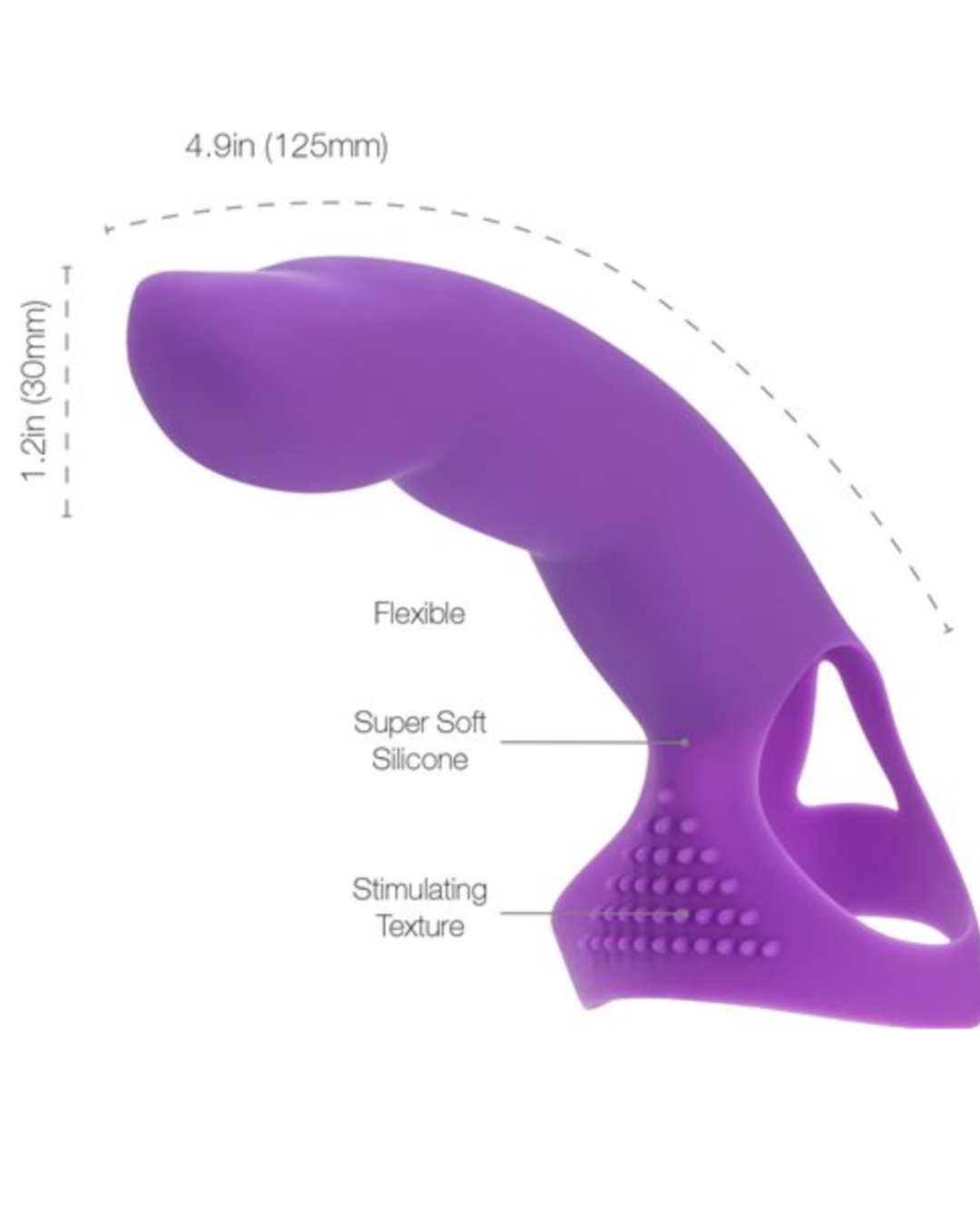 Simple and True Extra Touch Silicone G-Spot Finger Extender - Purple against a white background showing the measurements and design features