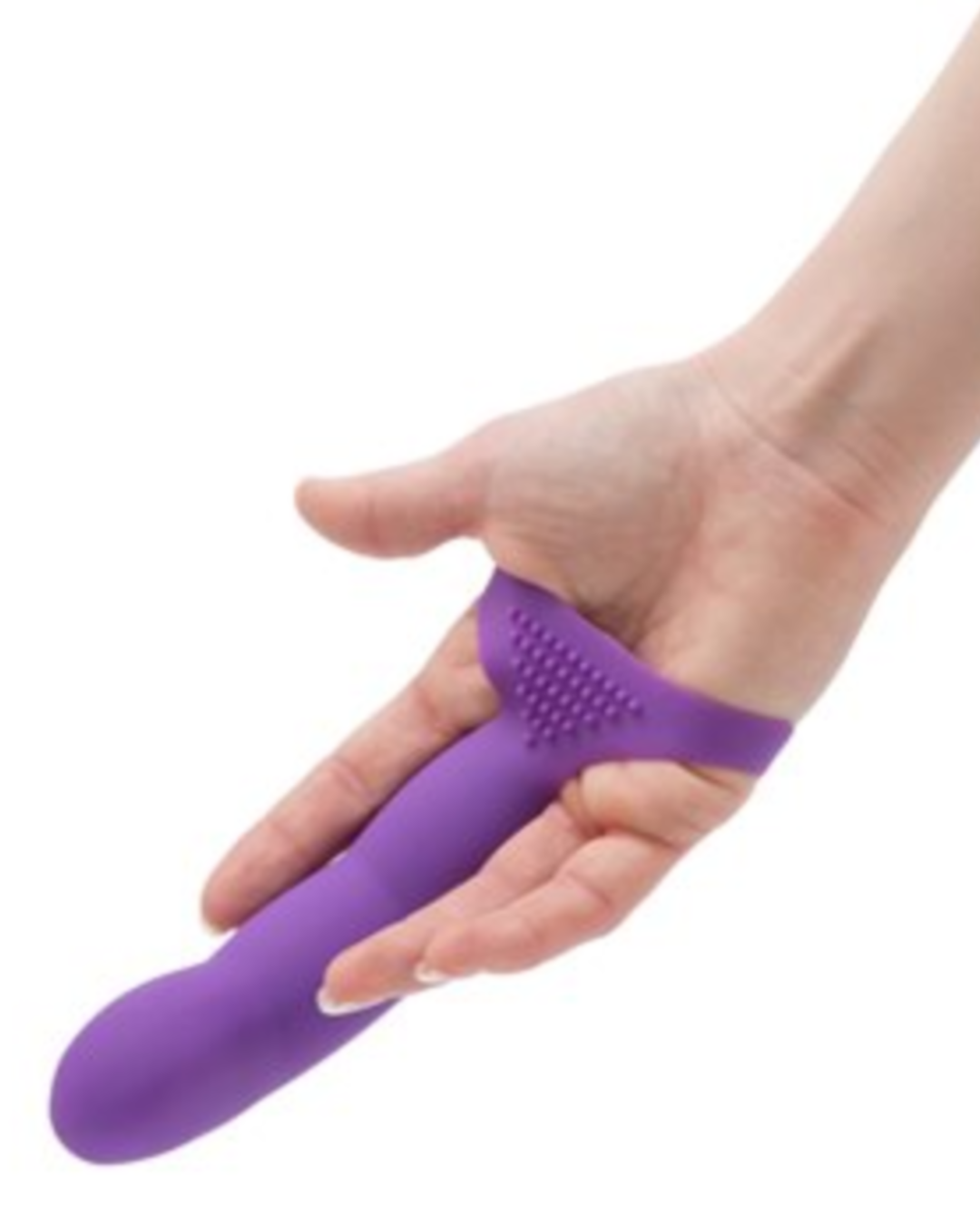 Simple and True Extra Touch Silicone G-Spot Finger Extender - Purple worn on a person's hand and middle finger with the palm turned towards the camera