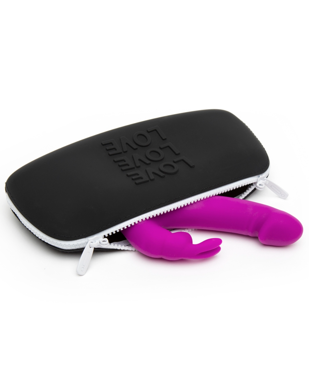 Happy Rabbit LOVE Medium Silicone Zipper Storage Case - Black with the zipper open and a rabbit peeking out