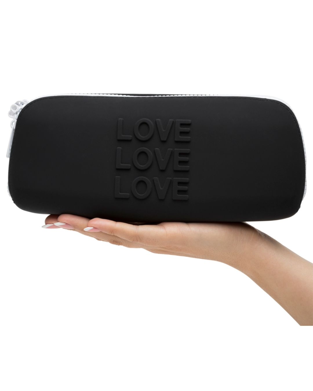 Happy Rabbit LOVE Medium Silicone Zipper Storage Case - Black held in a hand