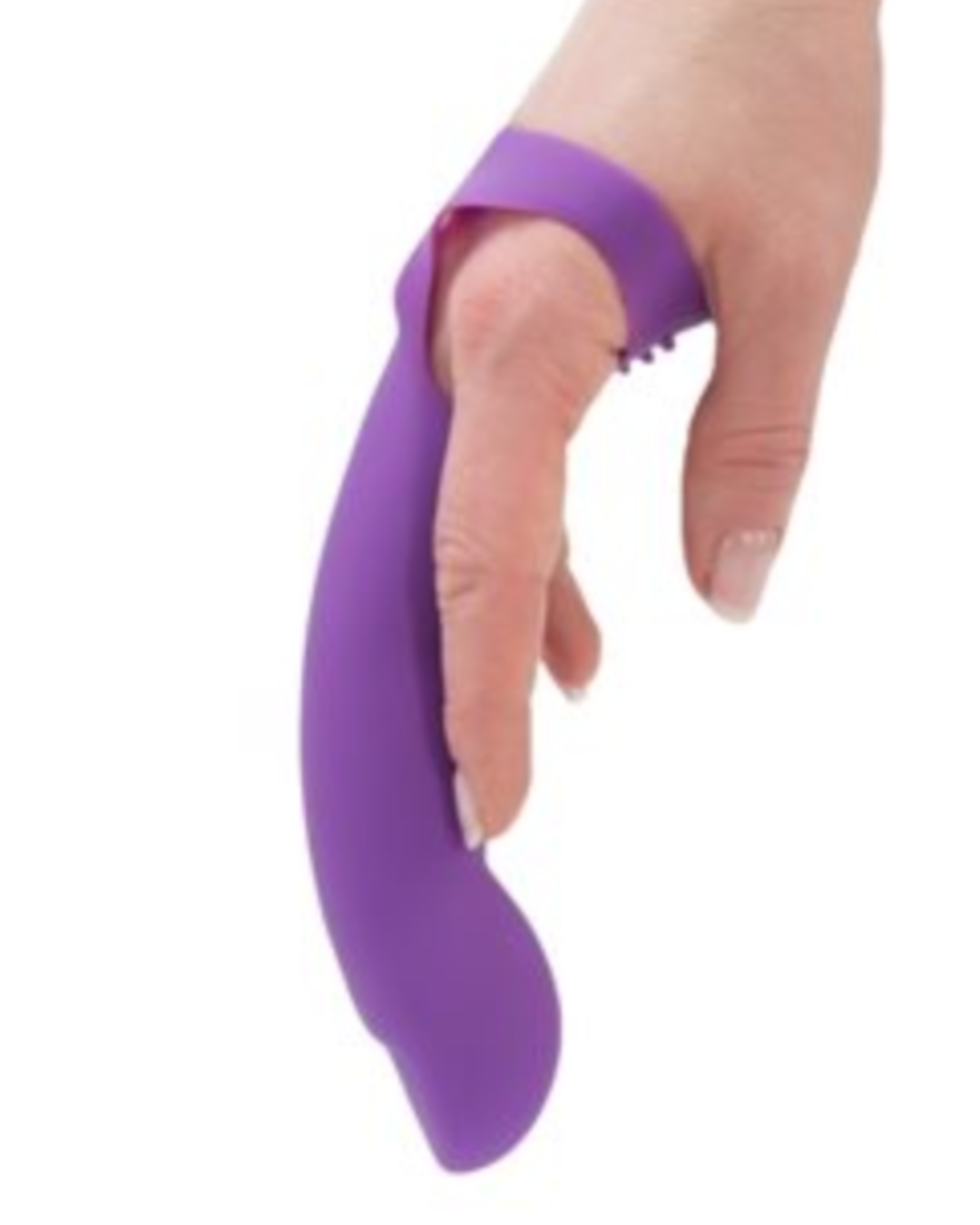 Simple and True Extra Touch Silicone G-Spot Finger Extender - Purple worn on a person's hand and middle finger with the palm turned away from the camera