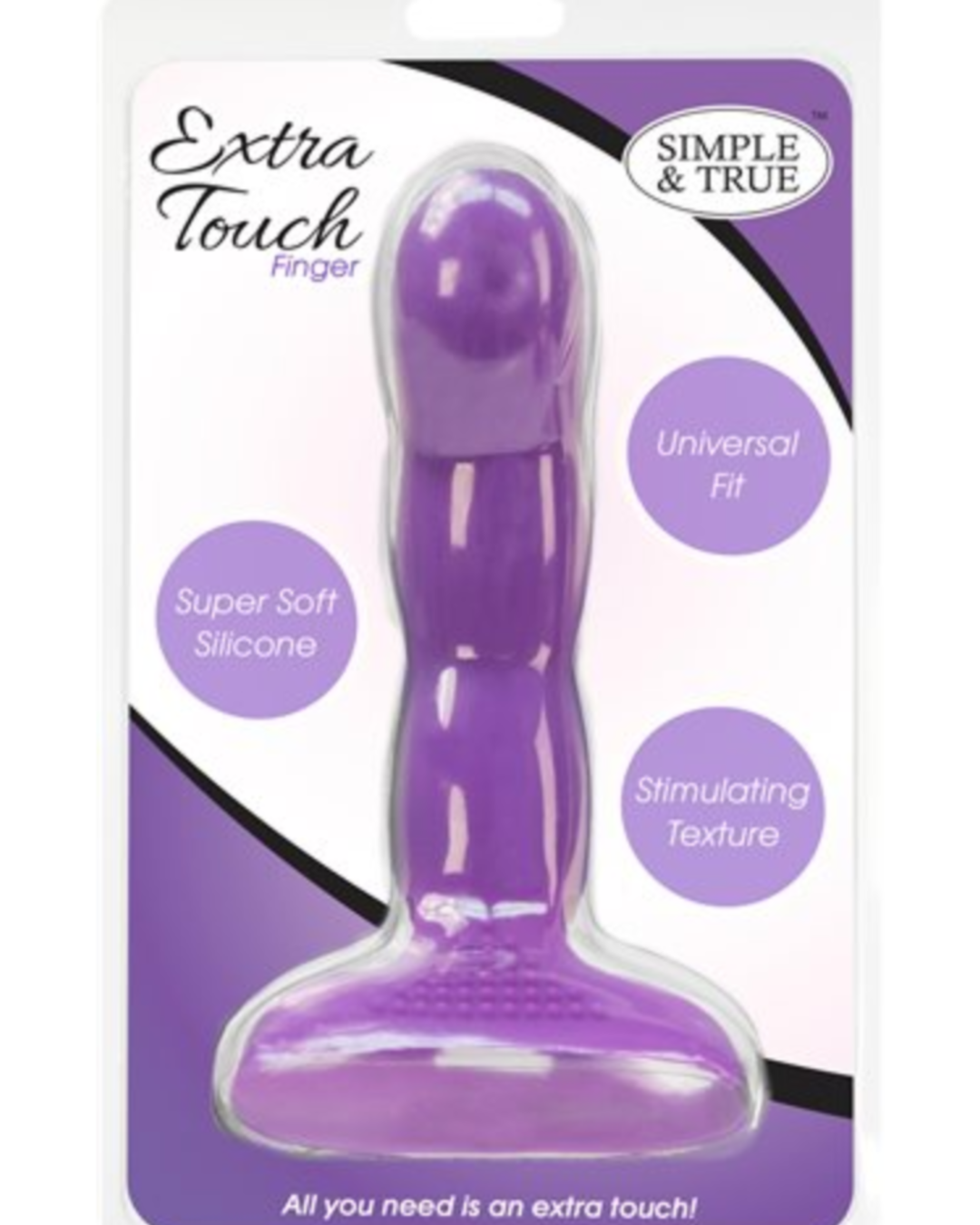 Simple and True Extra Touch Silicone G-Spot Finger Extender - Purple in the clamshell package