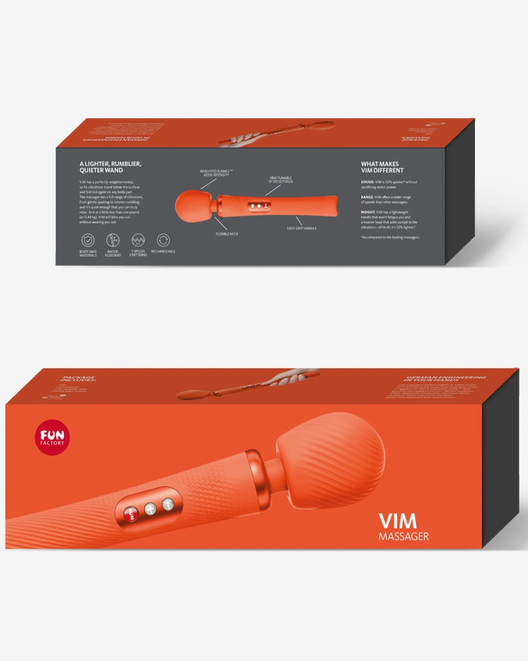 Fun Factory Vim Flexible Wand Vibrator - Orange front and back of orange product box