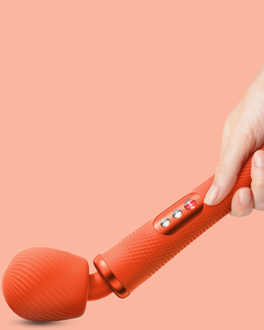 Fun Factory Vim Flexible Wand Vibrator - Orange with bent neck held by hand on peach background