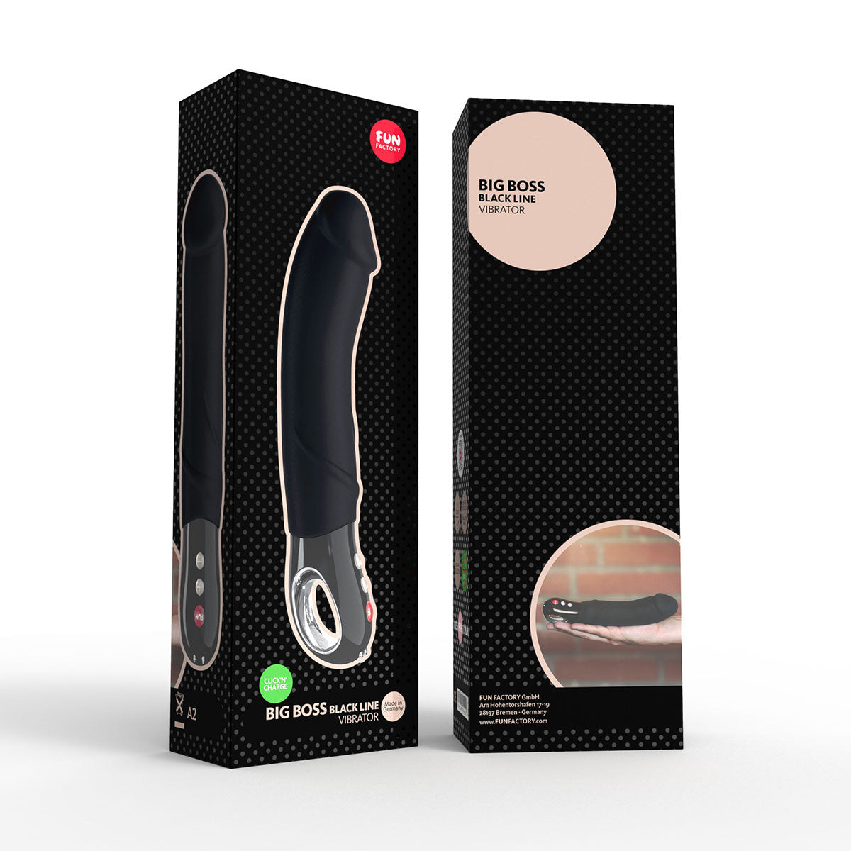 Fun Factory Big Boss G5 Silicone Waterproof Vibrator - Black Line in the package