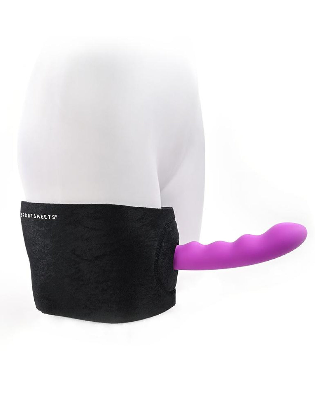 Sportsheets Ultra Thigh Strap-on Harness on mannequin with dildo side view
