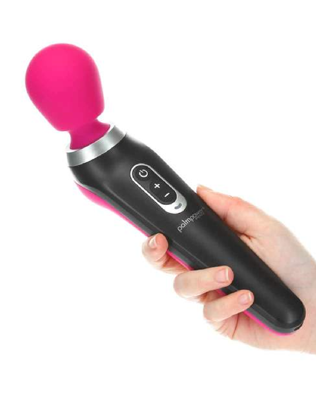 Palm Power Extreme Wand Vibrator - Pink held in a hand