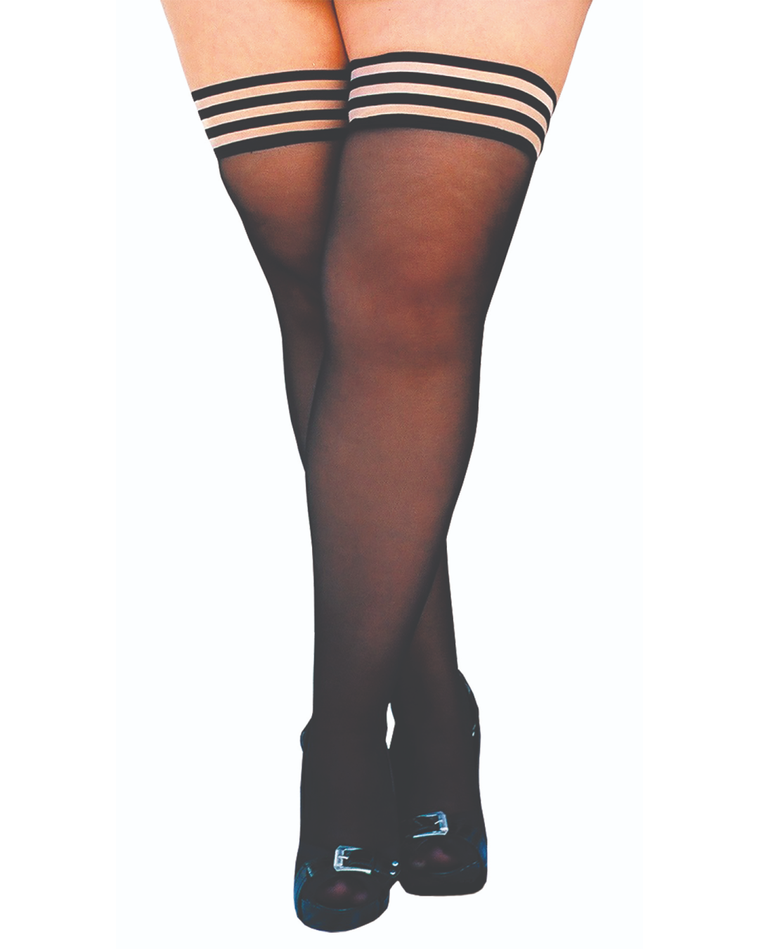 Kix'ies Taylor Silky Sheer Black Fishnet Thigh Highs (sizes A-D) plus size legs