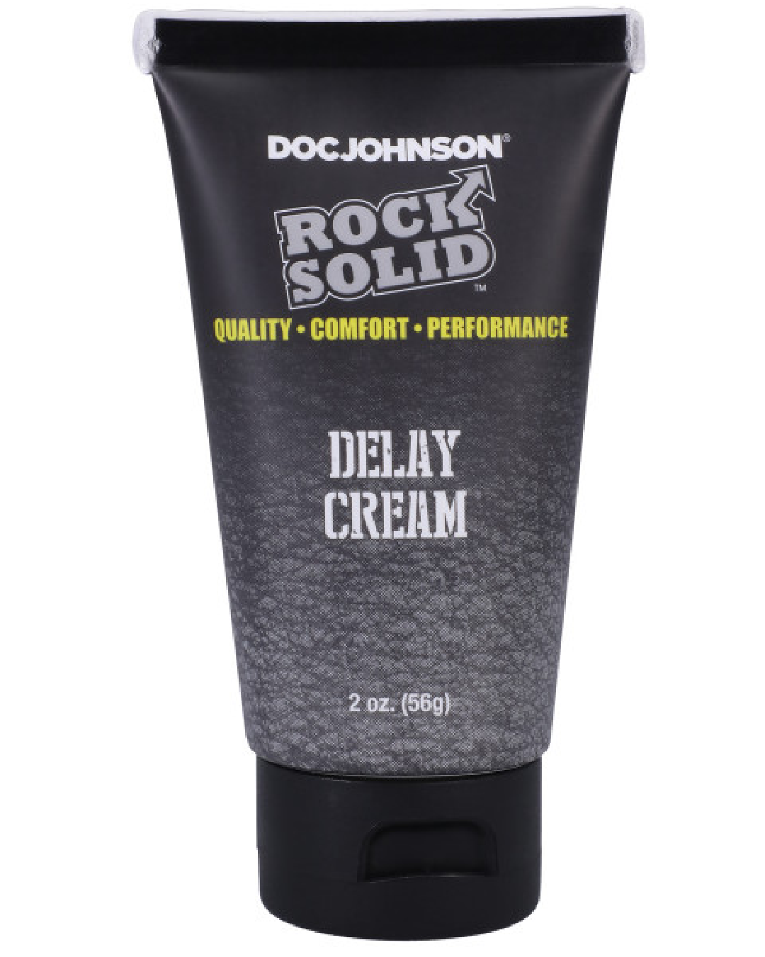 Black bottle with white and yellow writing Rock Solid Ejaculation Delay Cream - 2oz