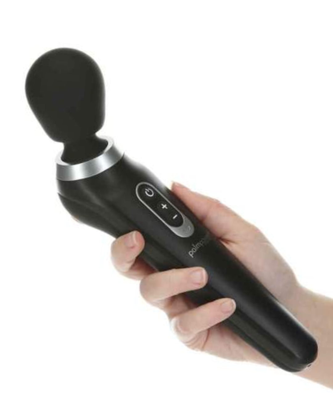 Palm Power Extreme Wand Vibrator - Black held in a hand