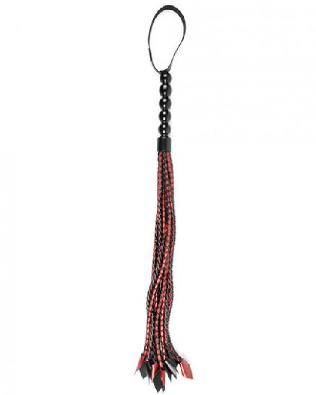 Saffron Braided Flogger by Sportsheets black and red flogger upright on white background