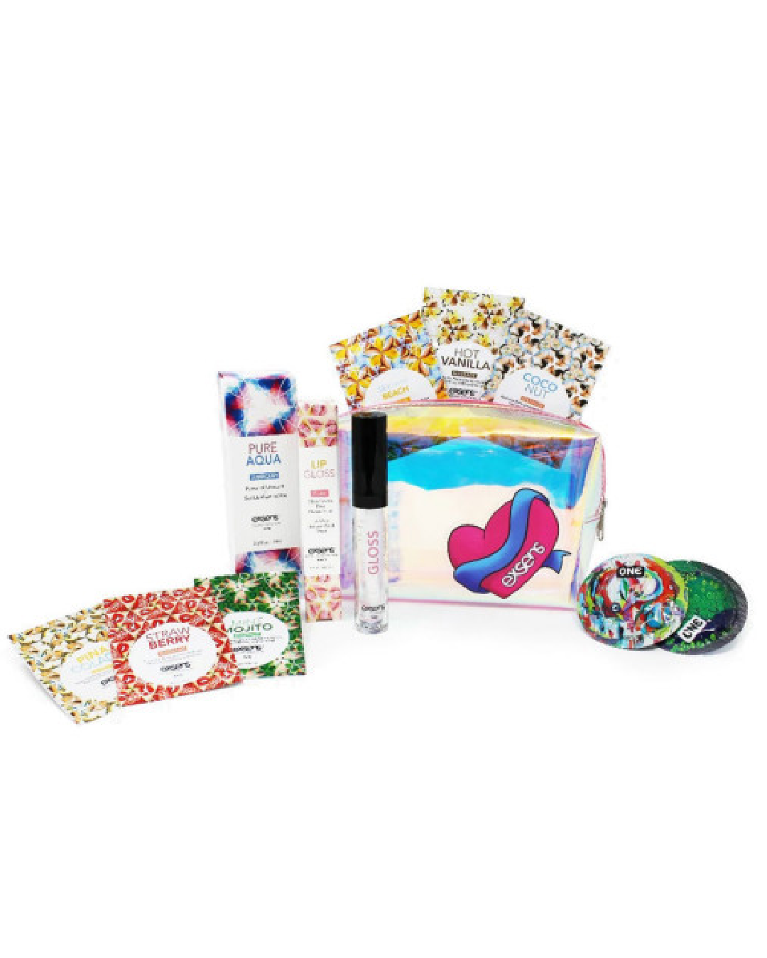 Exsens Escape Pleasure Kit contents showing flavoured massage oil, gloss, lube, condoms next to travel pouch