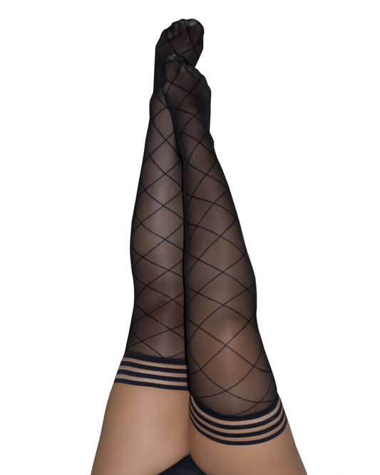 Kix'ies Anna Sheer Black with Large Diamonds Thigh Highs (sizes A-D)