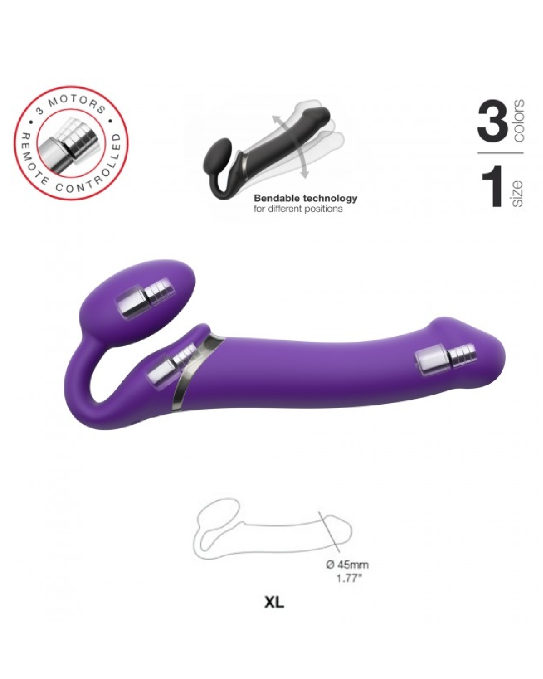 Lovely Planet Vibrating Strapless Strap On Purple- X Large graphic showing product features