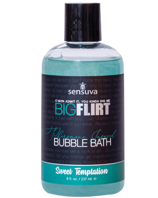Big Flirt Pheromone Infused Bubble Bath 8 oz - Sweet Temptation bottle of teal liquid
