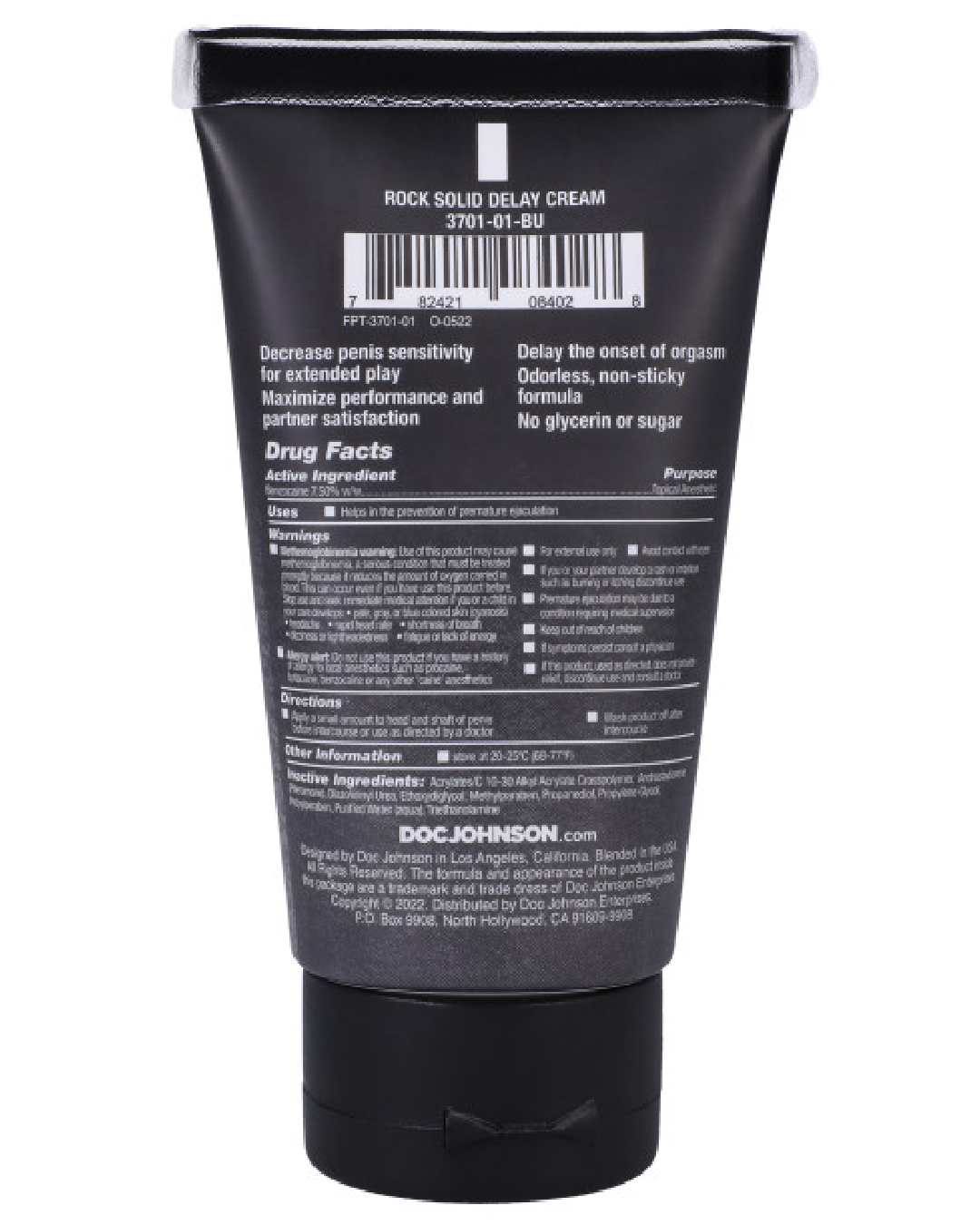 Back of bottle of Rock Solid Ejaculation Delay Cream - 2oz