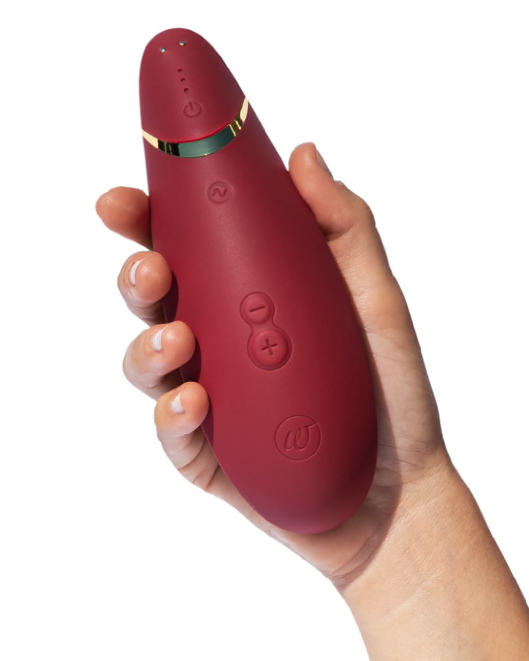 Womanizer Premium 2 Pleasure Air Clitoral Stimulator -Bordeaux in model's hand